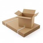 A stack of brown kraft **corrugated shipping box**es (RSC style) on a wooden pallet in a warehouse.