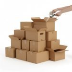 A stack of brown kraft **corrugated shipping box**es (RSC style) on a wooden pallet in a warehouse.