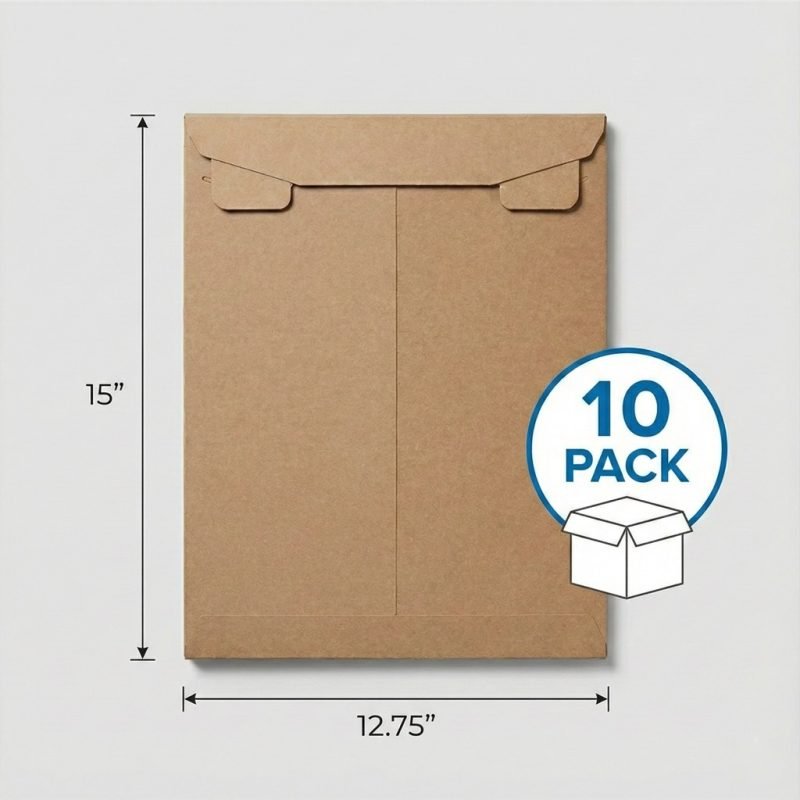 A flat-packed book wrap mailer next to an assembled one containing a thick hardcover book