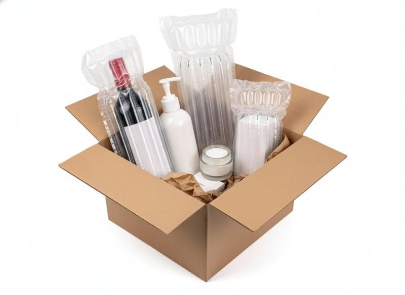An inflated clear **air column bag** protecting a glass wine bottle for safe shipping.
