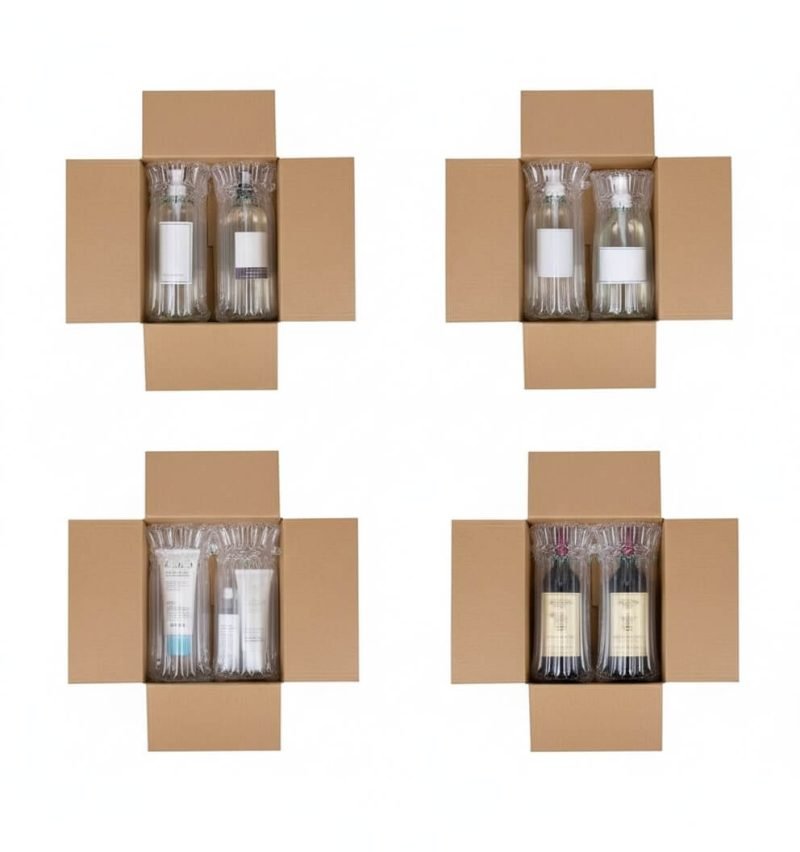 An inflated clear **air column bag** protecting a glass wine bottle for safe shipping.