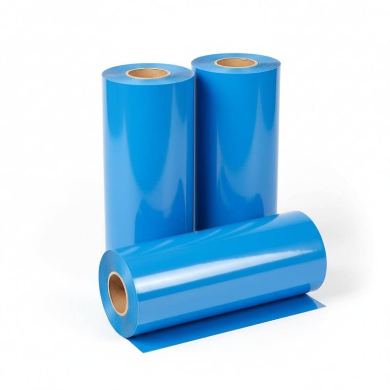 A roll of blue tinted **vci stretch film** wrapping a pallet of metal auto parts to prevent rust during shipping.
