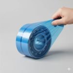 A roll of blue tinted **vci stretch film** wrapping a pallet of metal auto parts to prevent rust during shipping.