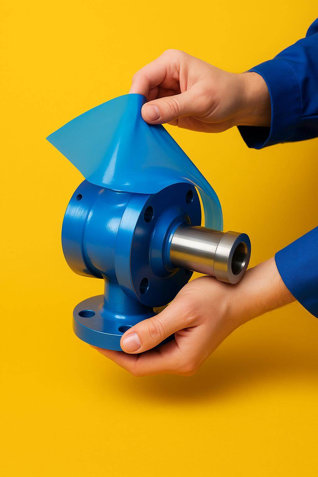 A roll of blue tinted **vci stretch film** wrapping a pallet of metal auto parts to prevent rust during shipping.
