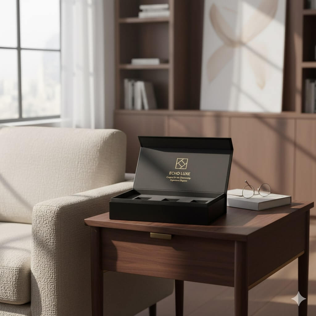 A luxury black **book style box** with magnetic closure, opened to reveal a wine bottle and glass insert.