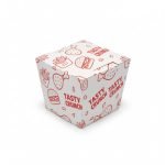 A custom branded red and white **fried chicken box** filled with crispy wings and fries.