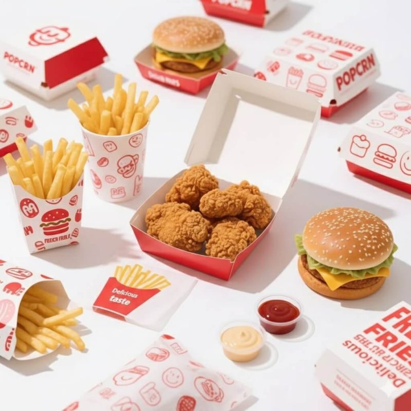 A custom branded red and white **fried chicken box** filled with crispy wings and fries.