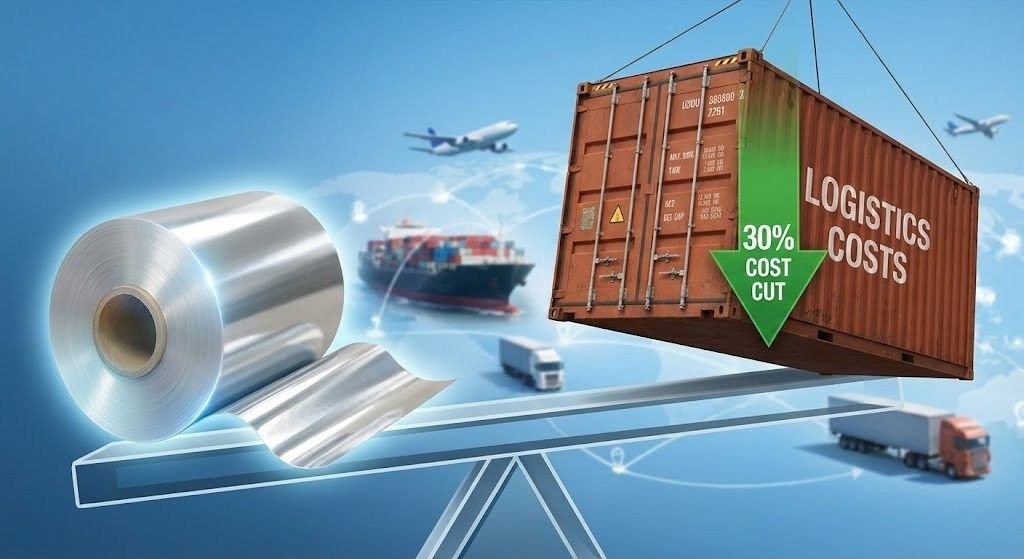 How Metallized Film Food Packaging Can Cut Your Logistics Costs by 30% (1) Conceptual illustration showing a roll of lightweight metallized film acting as a lever to lower a heavy shipping container, symbolizing a 30% reduction in logistics costs through innovative food packaging.