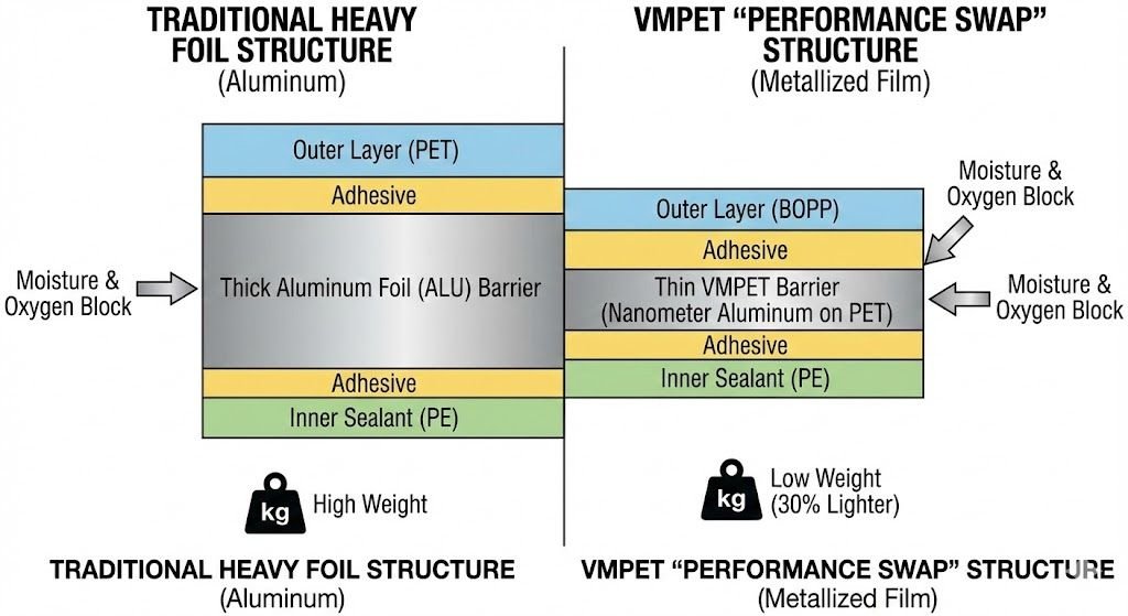 Technical cross-section comparison diagram showing the layers of a lightweight VMPET composite film structure versus a heavy traditional aluminum foil structure, highlighting the thickness and weight difference.
