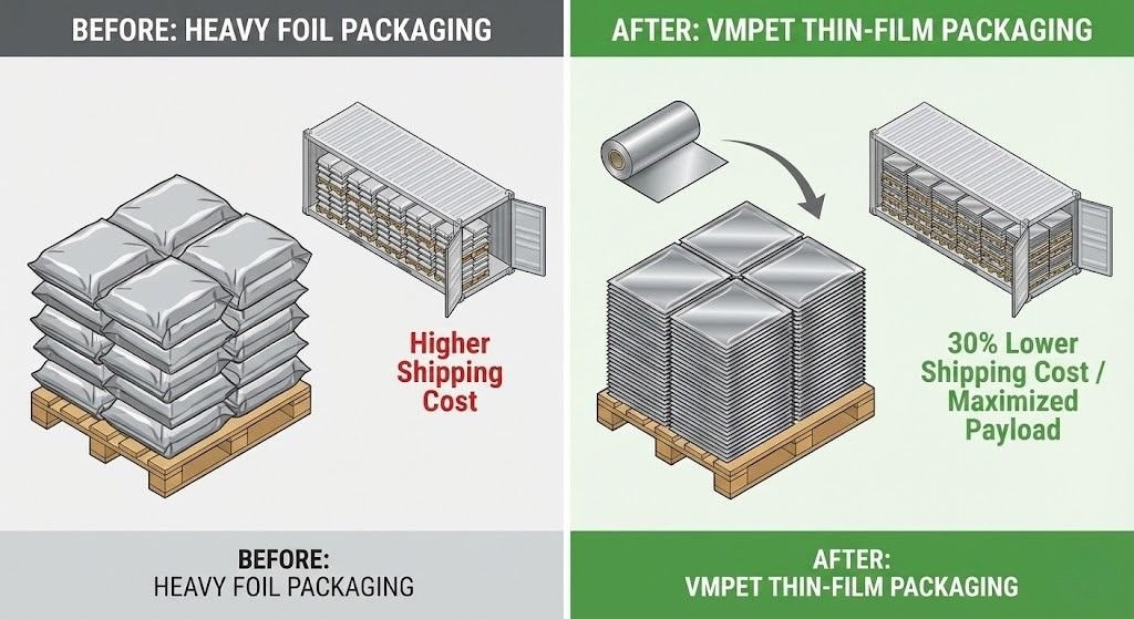 Logistics efficiency infographic illustrating how switching to thin-film VMPET packaging increases shipping pallet density and container payload capacity compared to bulky traditional foil packaging.