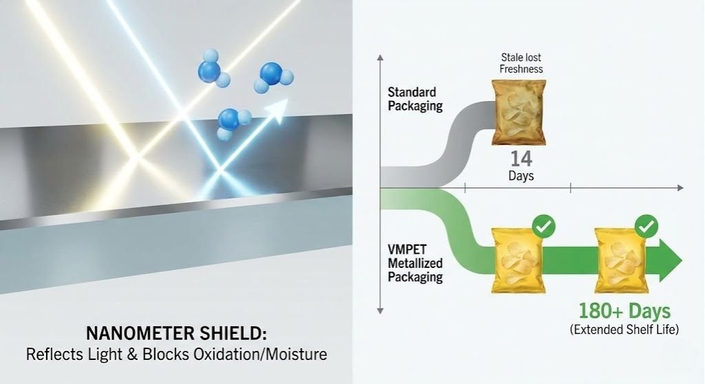 isualization of VMPET metallized film barrier performance, showing microscopic reflection of light and oxygen/moisture blocking, leading to a significantly extended product shelf life timeline.