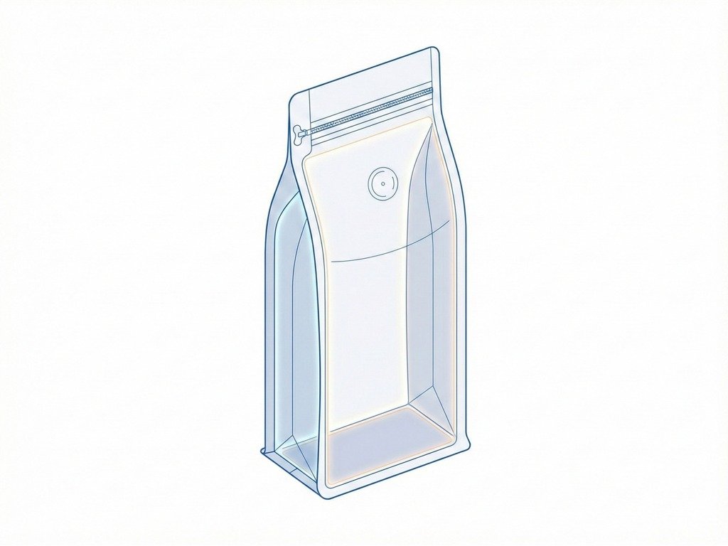 Technical illustration of an eight side seal pouch, also known as a block bottom bag, highlighting its stable reinforced base and five printable surfaces ideal for premium food packaging and coffee packaging bags branding.