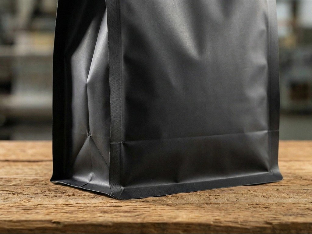 Close-up industrial photograph of a matte black flat bottom coffee pouch standing stable on a wooden surface, highlighting its reinforced block bottom base and premium finish for coffee packaging bags.