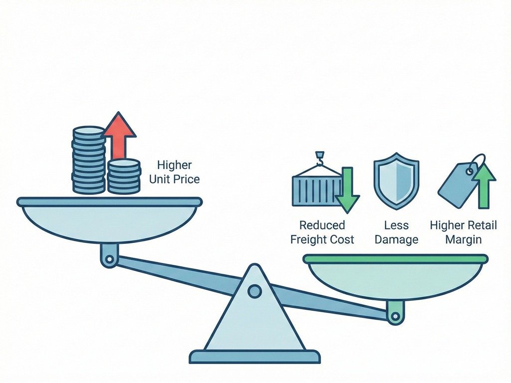 Infographic visualizing the Total Cost of Ownership (TCO) for flat bottom pouches, showing how slightly higher initial unit costs are outweighed by reduced freight expenses and increased retail margins, leading to better long-term ROI.