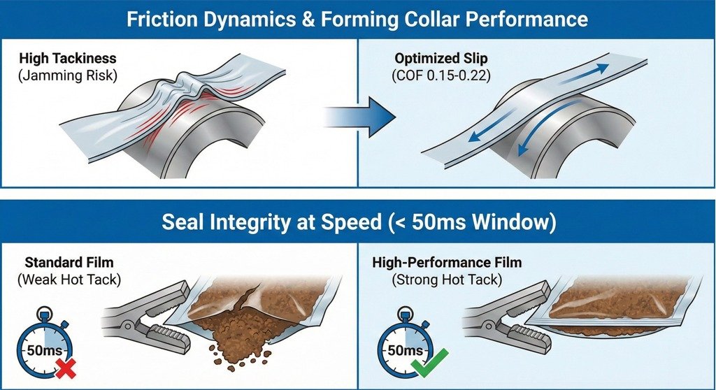 A technical diagram illustrating high-speed packaging challenges: The top section shows film jamming due to high friction vs. smooth flow with optimized slip (COF 0.15-0.22). The bottom section compares weak hot tack causing seal failure with strong hot tack ensuring seal integrity within a