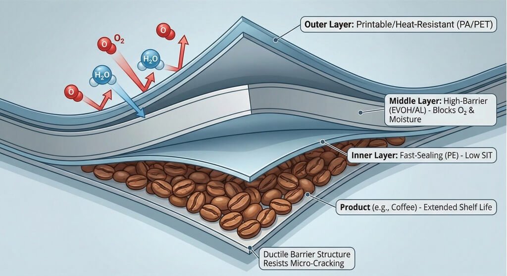 A microscopic cross-section of a multi-layer high-barrier packaging film, showing outer printable layers, a central high-barrier EVOH/AL layer blocking oxygen and moisture from entering, and an inner fast-sealing PE layer, protecting products like coffee and extending shelf life.