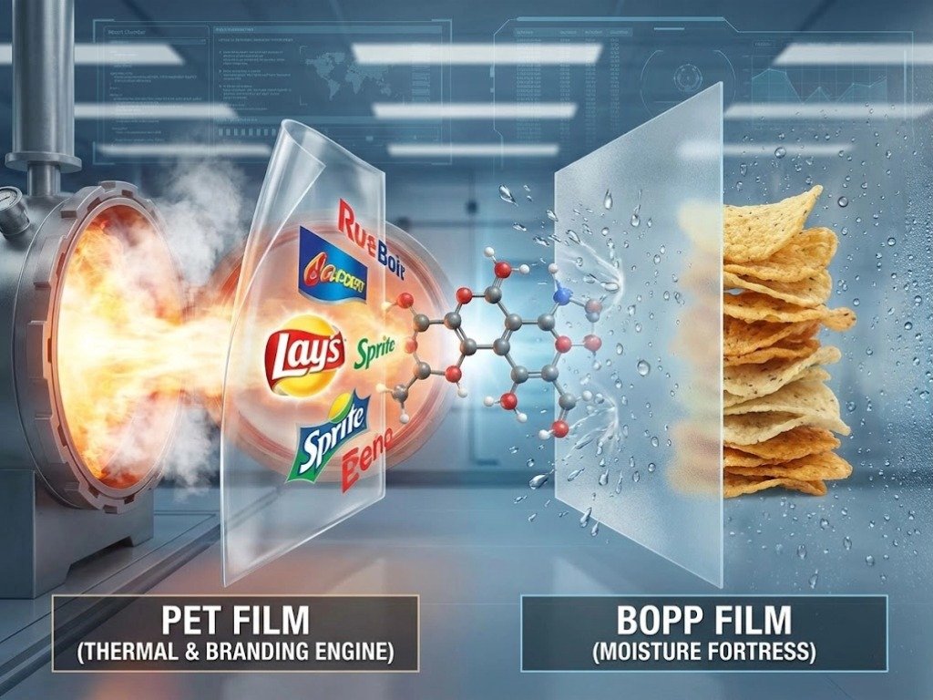 PET vs BOPP Film The ROI Secret Behind High-Def Printing and Moisture Barrier Success (1) Conceptual illustration comparing PET film's thermal resistance and branding qualities against BOPP film's moisture barrier properties in a high-tech material science environment.