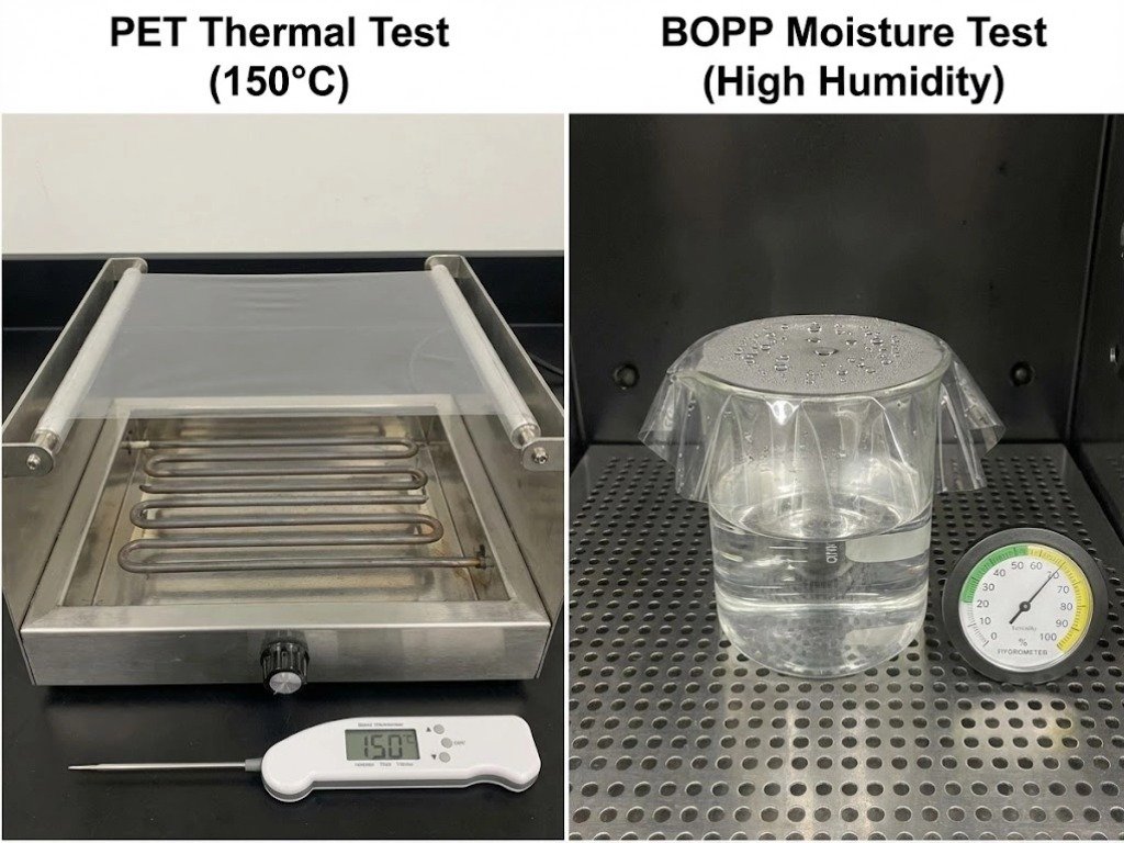 Side-by-side laboratory test comparing PET film's thermal stability at 150°C against BOPP film's moisture barrier performance in a high-humidity environment.