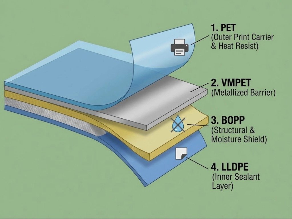 Technical cross-section diagram illustrating a 4-layer hybrid packaging structure combining PET for printing, VMPET for barrier, BOPP for structure, and LLDPE for sealing.