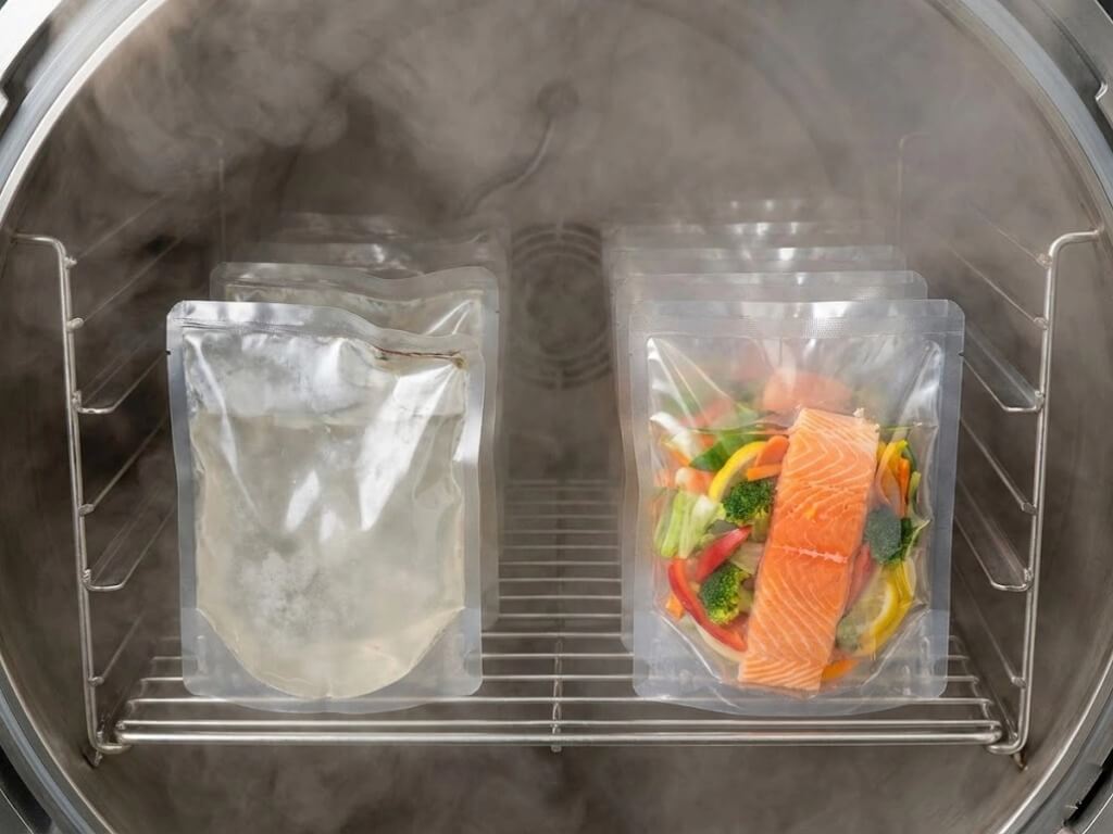 Stop Bursting & Fogging Why 95% Clarity CPP Retort Film is the (1) Industrial steam retort chamber at 121°C showing a visual comparison between cloudy, failed standard pouches and crystal-clear, intact high-performance RCPP retort pouches containing food.