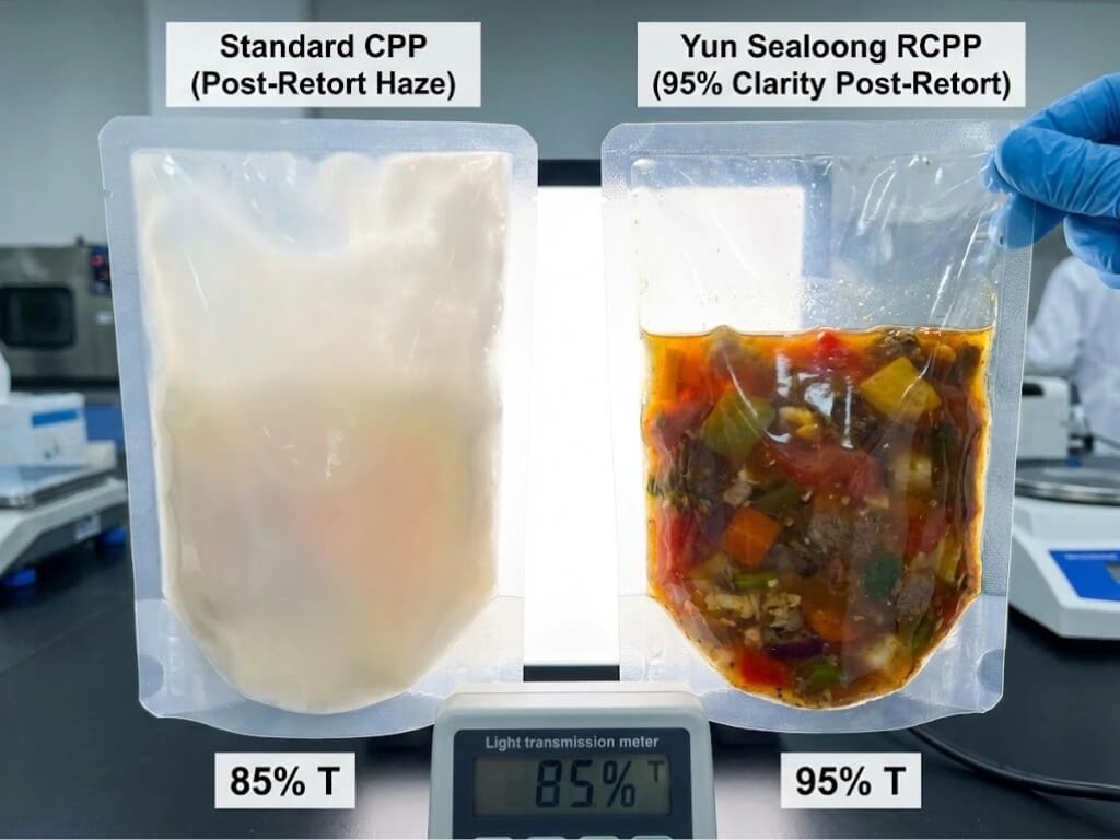 Laboratory comparison of two retort pouches post-sterilization, showing a hazy standard CPP pouch with 85% light transmittance versus a crystal-clear RCPP pouch with 95% light transmittance.