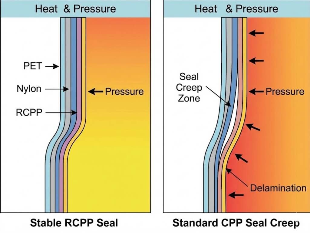 Technical cross-section diagram comparing a stable, bonded RCPP seal under heat and pressure versus a standard CPP seal exhibiting seal creep and delamination.