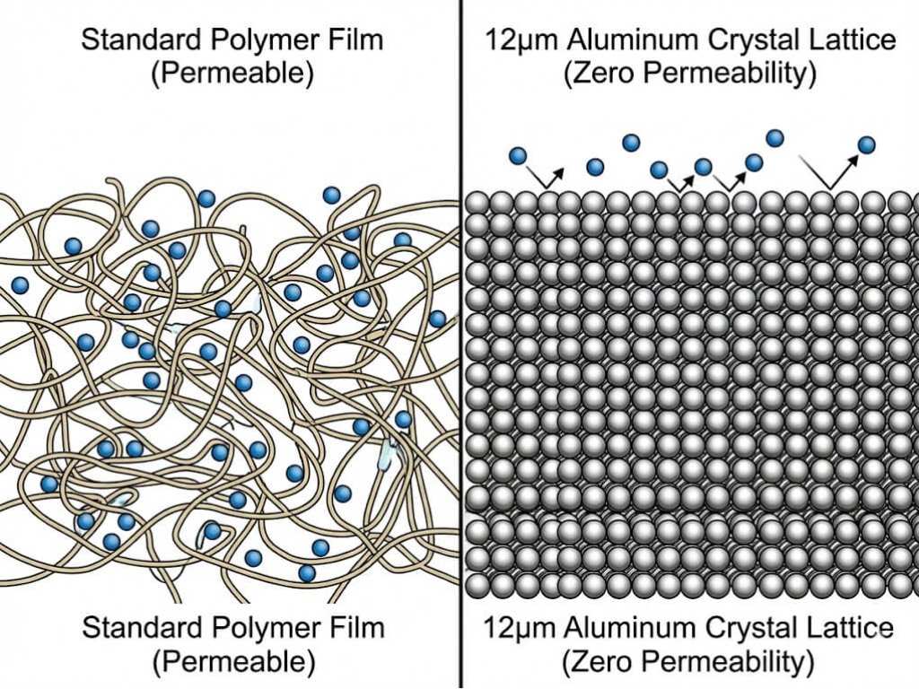 Scientific diagram comparing the porous molecular structure of standard polymer film with the zero permeability crystalline lattice of 12µm high barrier aluminum foil.