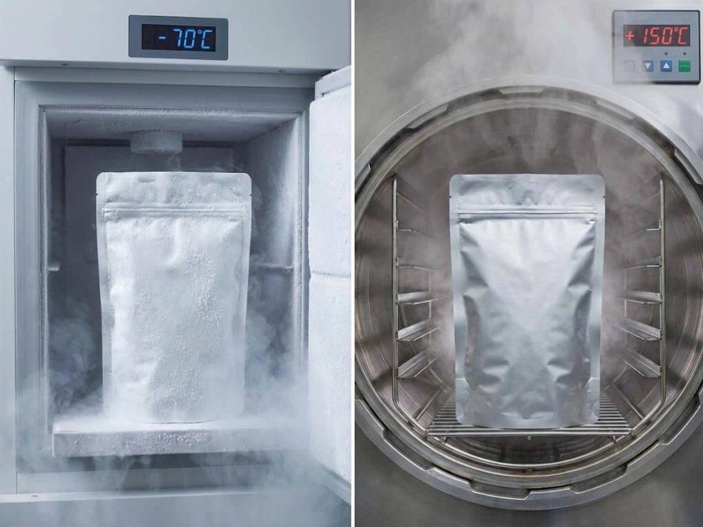 Medical grade aluminum foil pouch shown in a dual-panel test, intact after exposure to -70°C deep-freeze and +150°C high-heat sterilization environments.