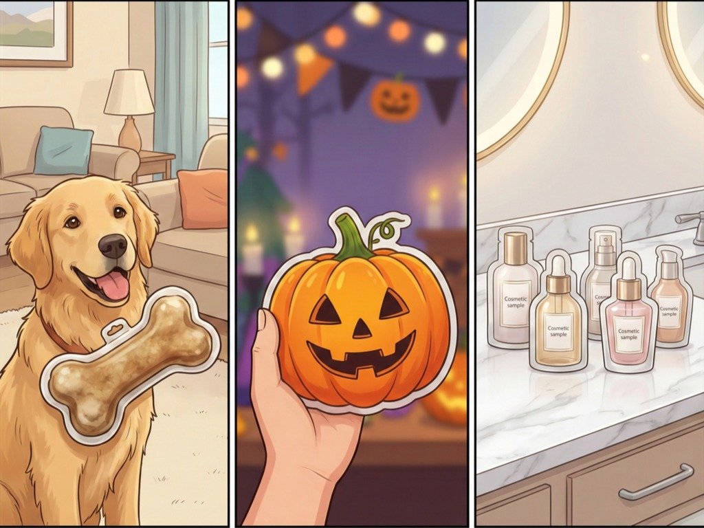 A three-panel collage showcasing diverse applications of custom shaped pouches: a bone-shaped bag for pet food, a pumpkin-shaped pouch for seasonal Halloween snacks, and mini bottle-shaped sachets for cosmetic samples, illustrating brand packaging design versatility.