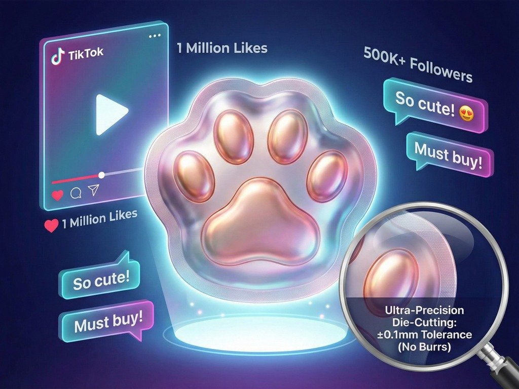 A graphic highlighting a viral custom shaped pouch shaped like a cat's paw, surrounded by TikTok social media metrics like "1 Million Likes." A magnifying glass inset emphasizes the high-precision die cut bags manufacturing with ±0.1mm tolerance, crucial for creative food packaging aesthetic.