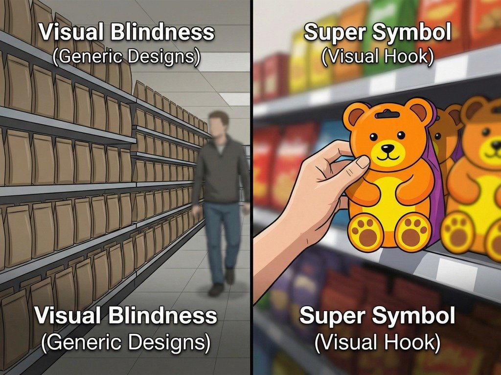 A comparison visualization illustrating the "Rectangle Trap." The left side shows dull rectangular custom packaging bags being ignored by shoppers, while the right side shows a unique, bear-shaped die cut bag grabbing consumer attention on the retail shelf.