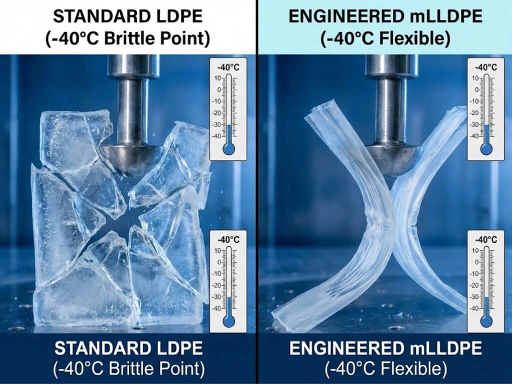 Scientific comparison showing standard LDPE film shattering at its -40°C brittle point versus engineered mLLDPE film retaining flexibility under impact test.