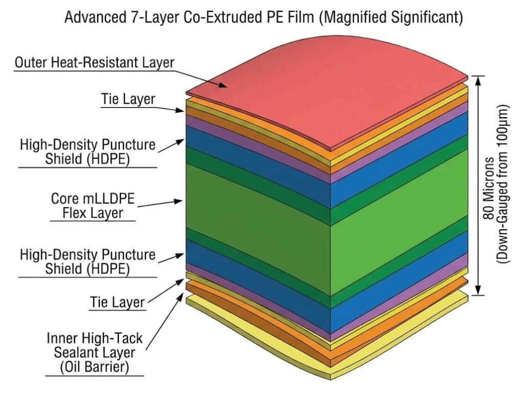 Technical cross-section diagram of an advanced 7-layer co-extruded PE film, illustrating distinct functional layers for puncture resistance, sealability, and material down-gauging.