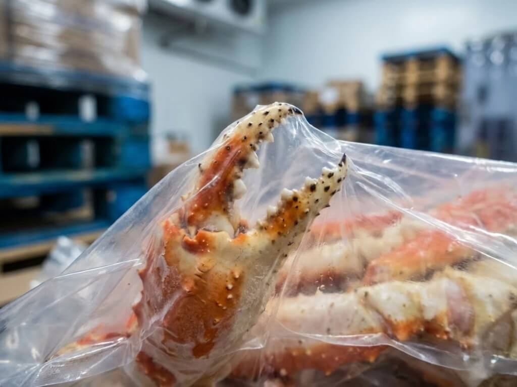 Close-up photograph of a high-performance PE vacuum bag successfully resisting puncture from a sharp frozen crab claw under tension in a cold storage environment.