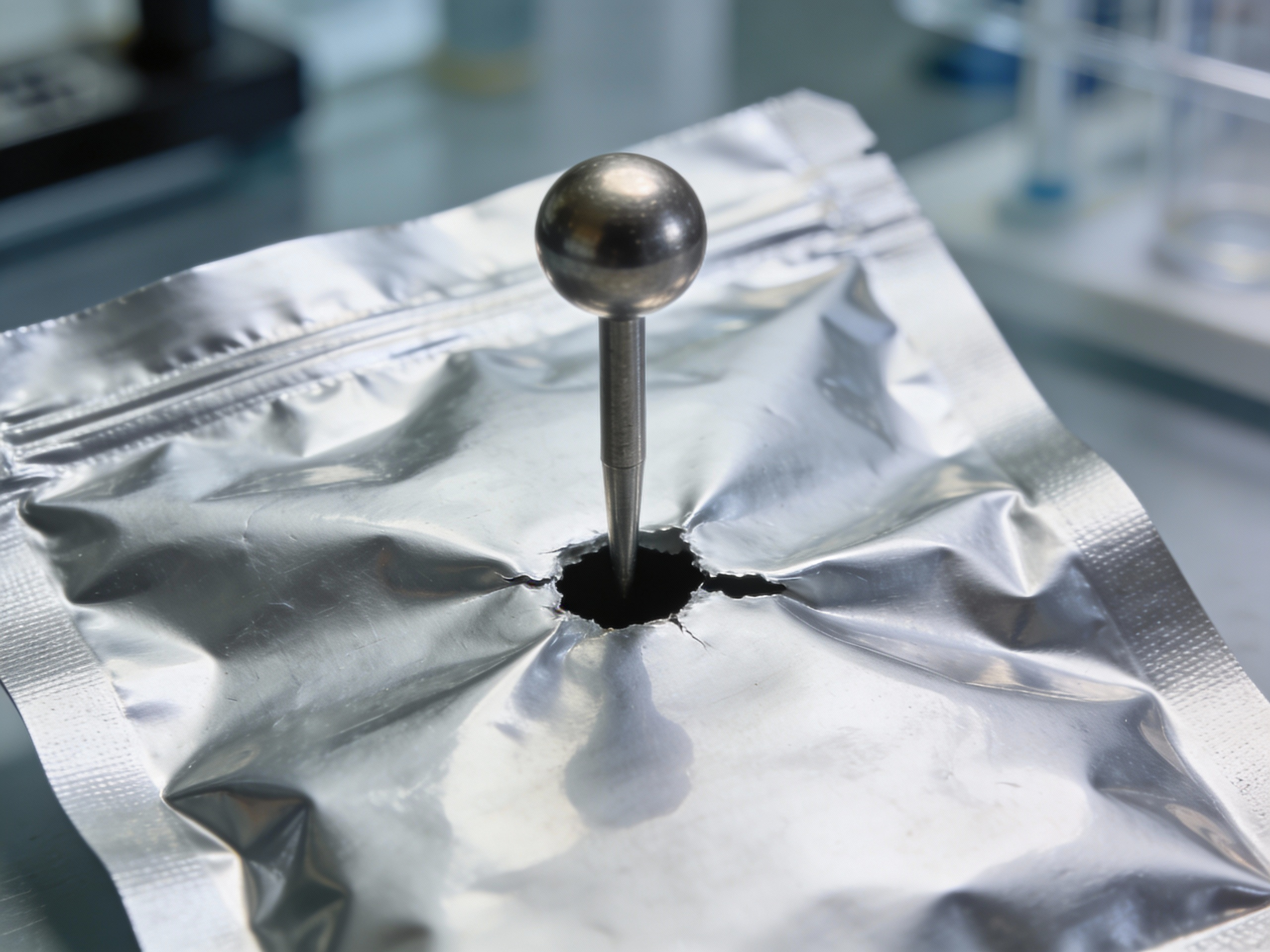 Puncture resistant retort pouch material testing