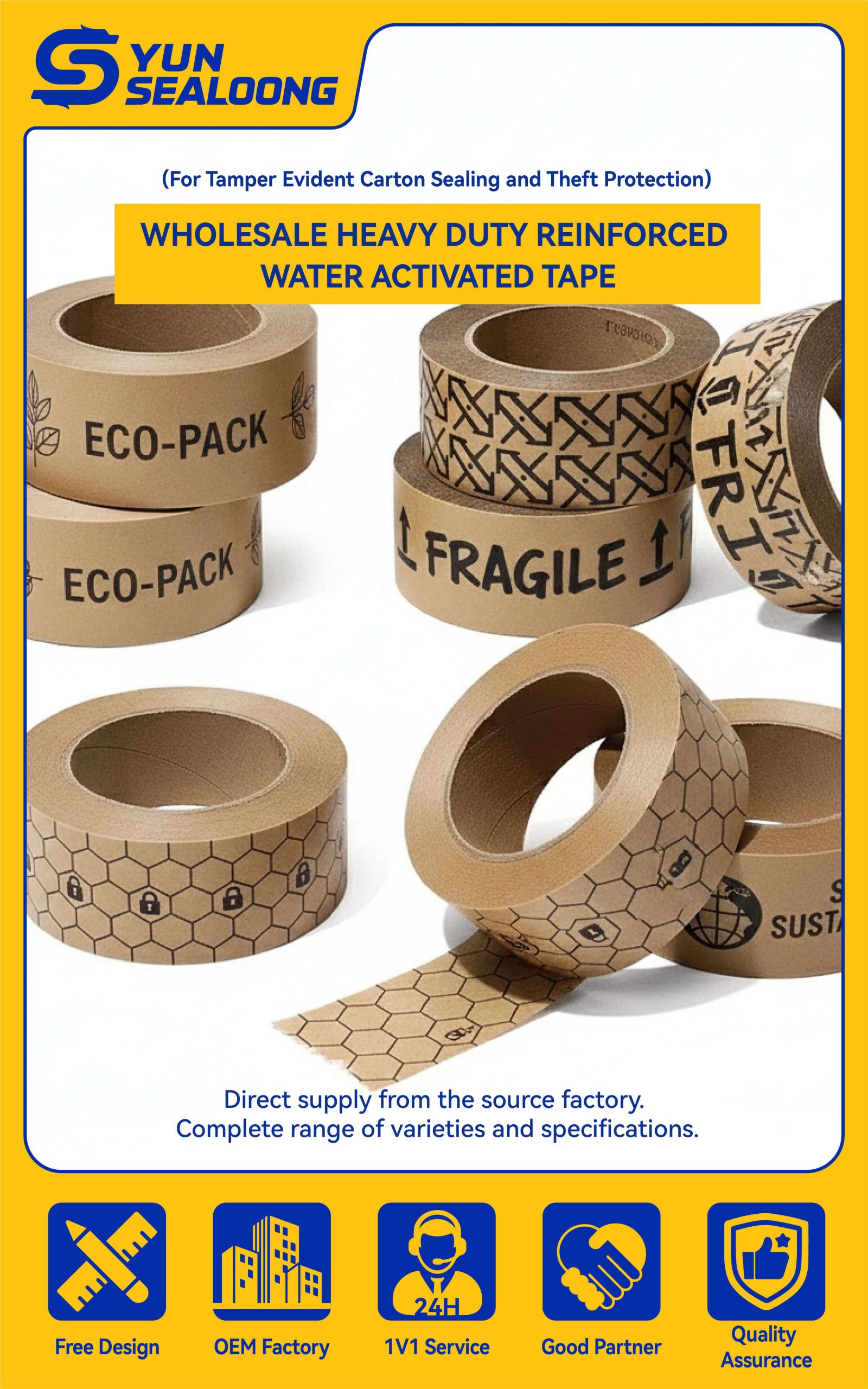 A roll of brown reinforced **water activated tape** showing the fiberglass threads, ready for carton sealing.