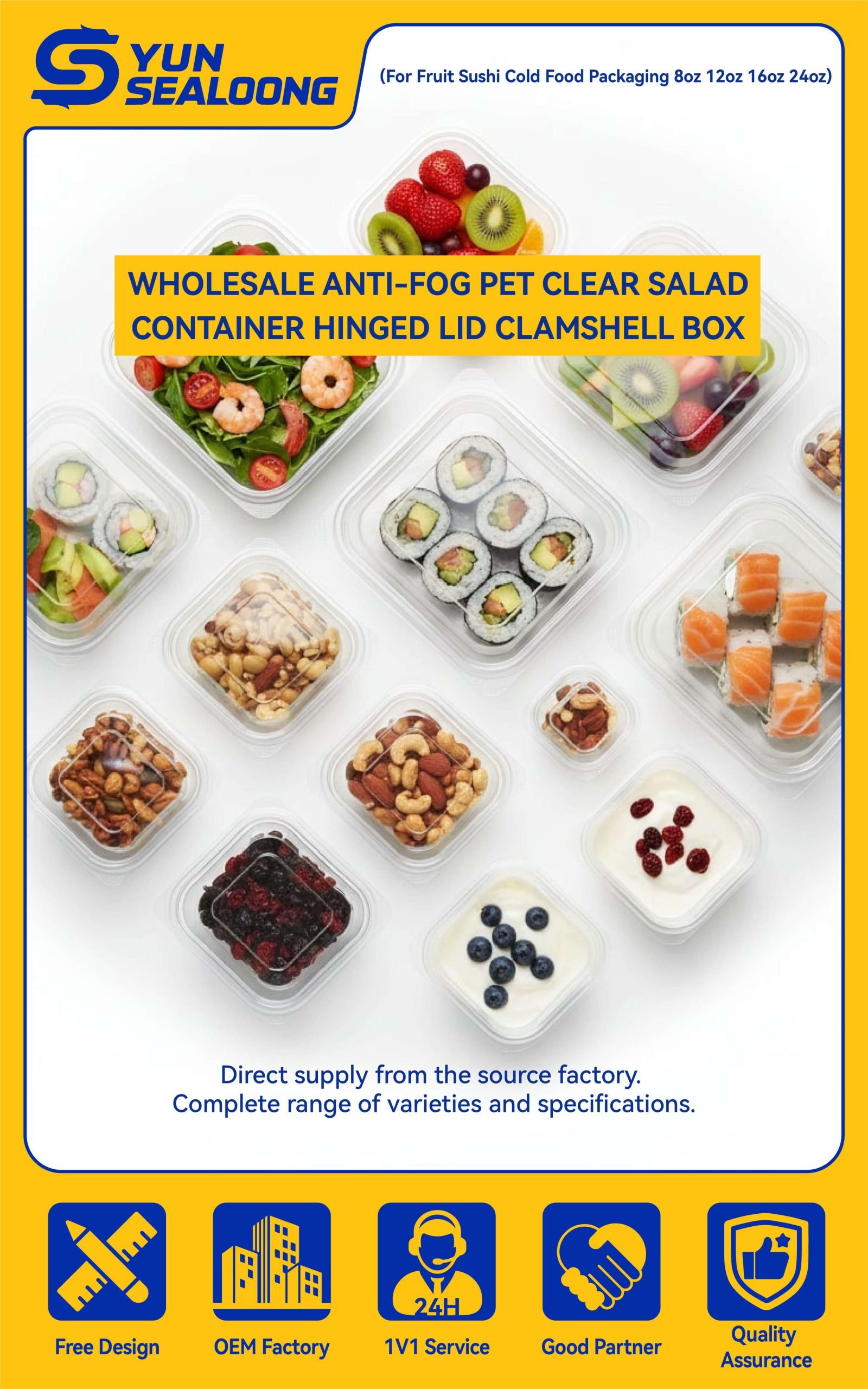 A clear square PET salad box with an integrated hinged lid, showcasing a fresh green salad without fog