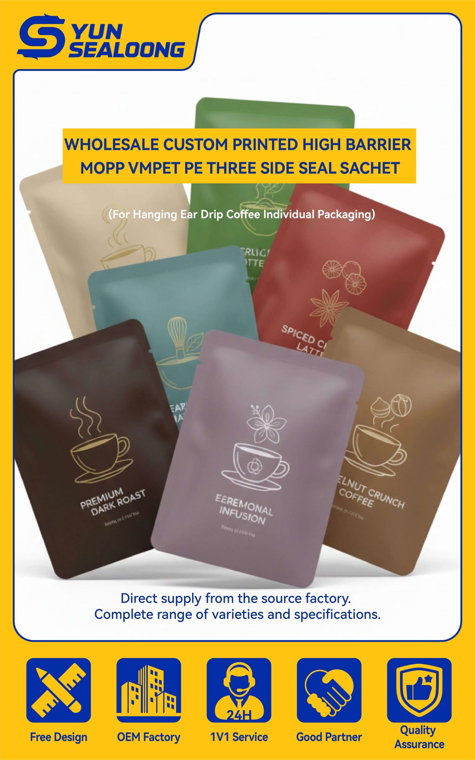 A custom printed matte small sachet packing pouch with tear notch for hanging ear drip coffee.