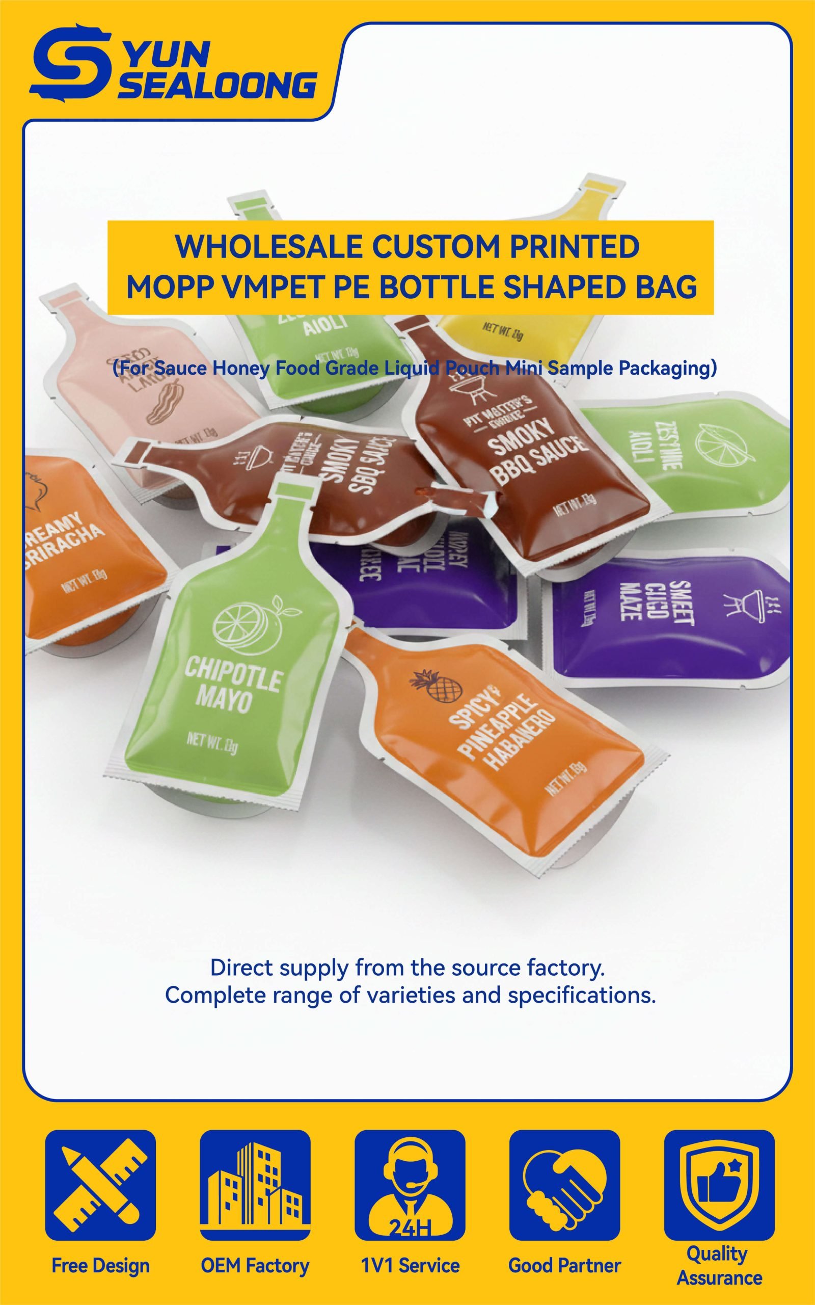 A bottle shaped bag for ketchup and sauce packaging with a custom die-cut design.