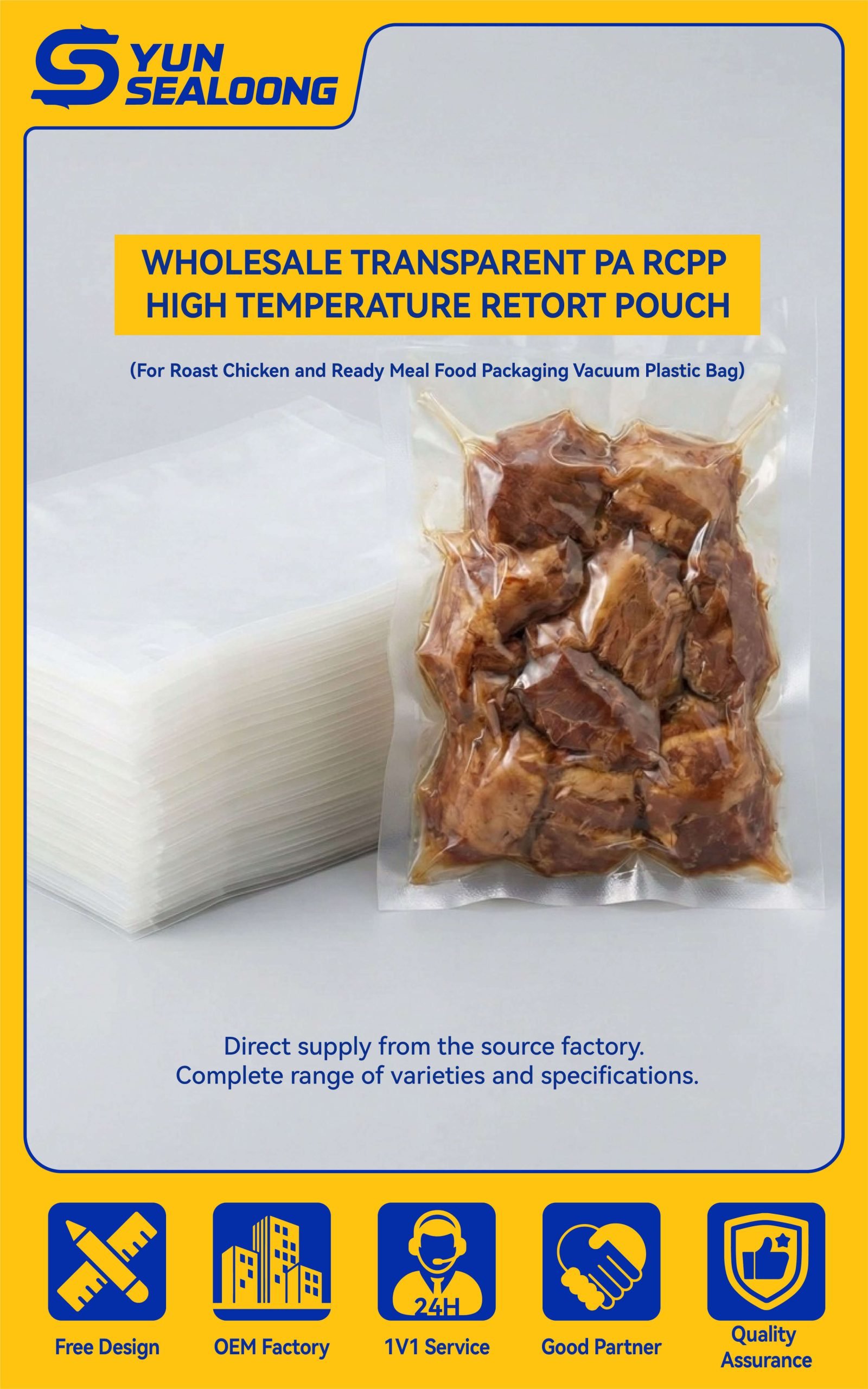 A transparent high temperature retort pouch with a whole roasted chicken visible inside.