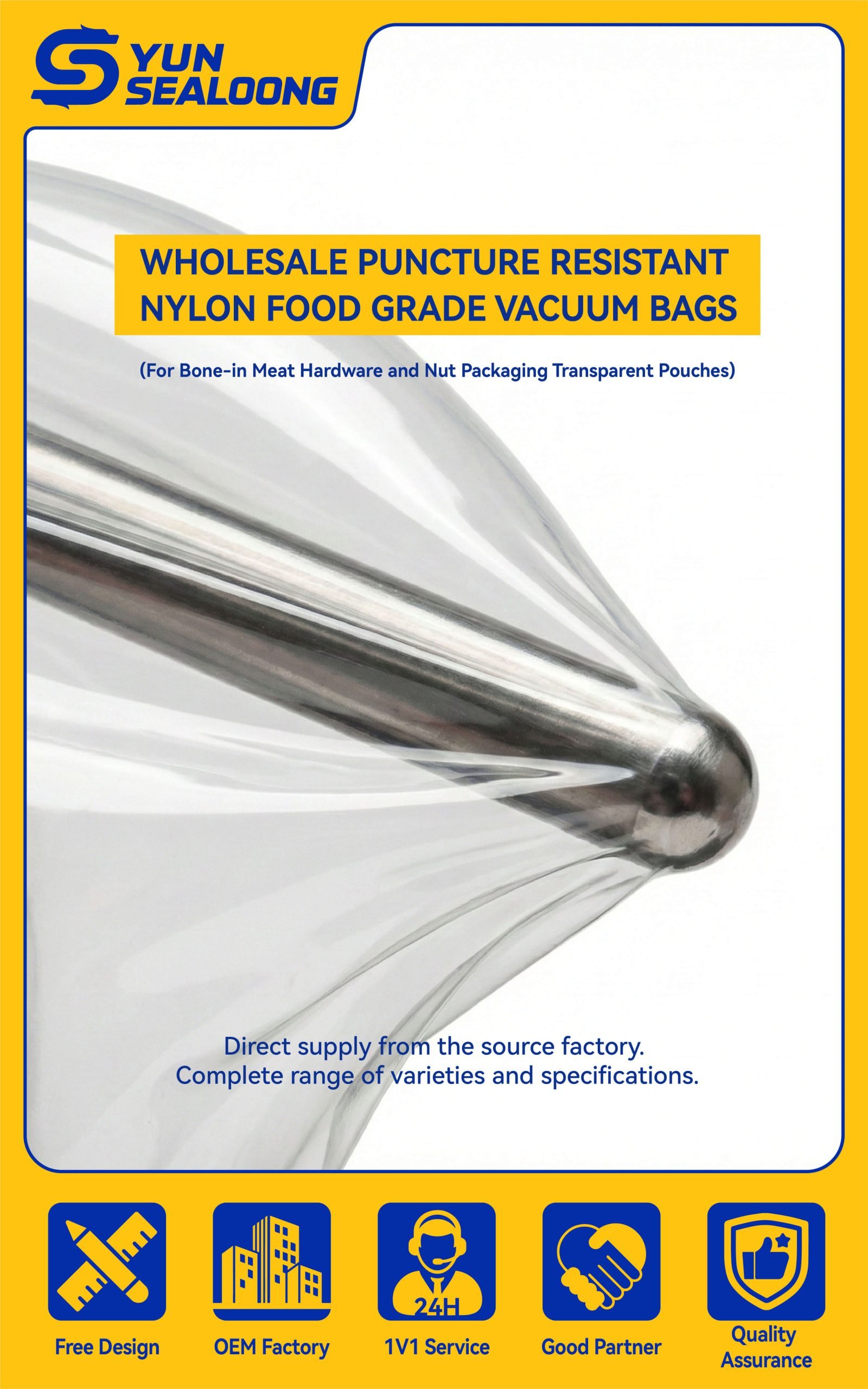 A thick transparent nylon vacuum bag containing a bone-in ham to demonstrate puncture resistance.
