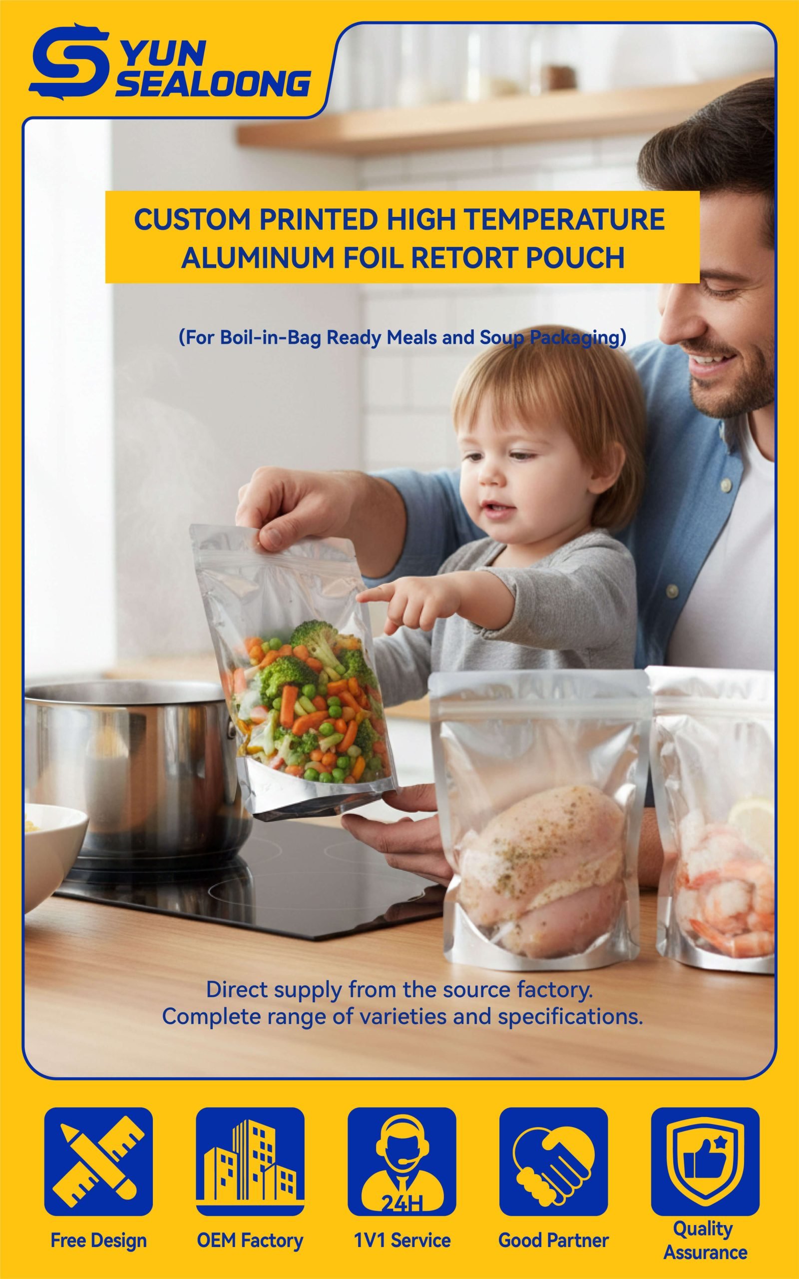 A silver aluminum foil **retort pouch** submerged in boiling water, demonstrating its boil-in-bag capability.