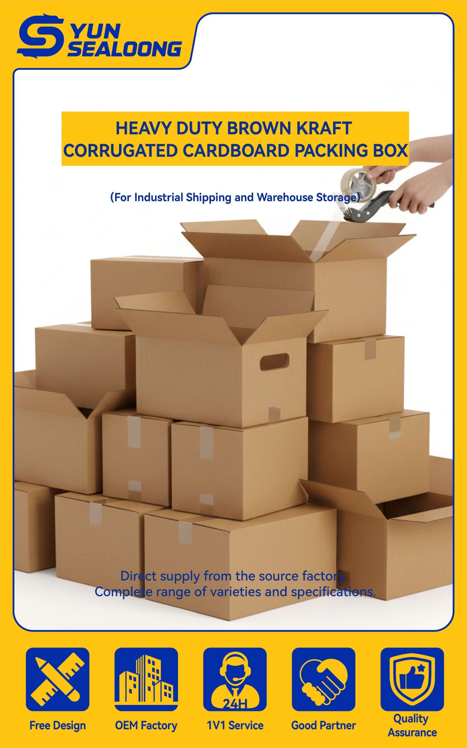 A stack of brown kraft **corrugated shipping box**es (RSC style) on a wooden pallet in a warehouse.