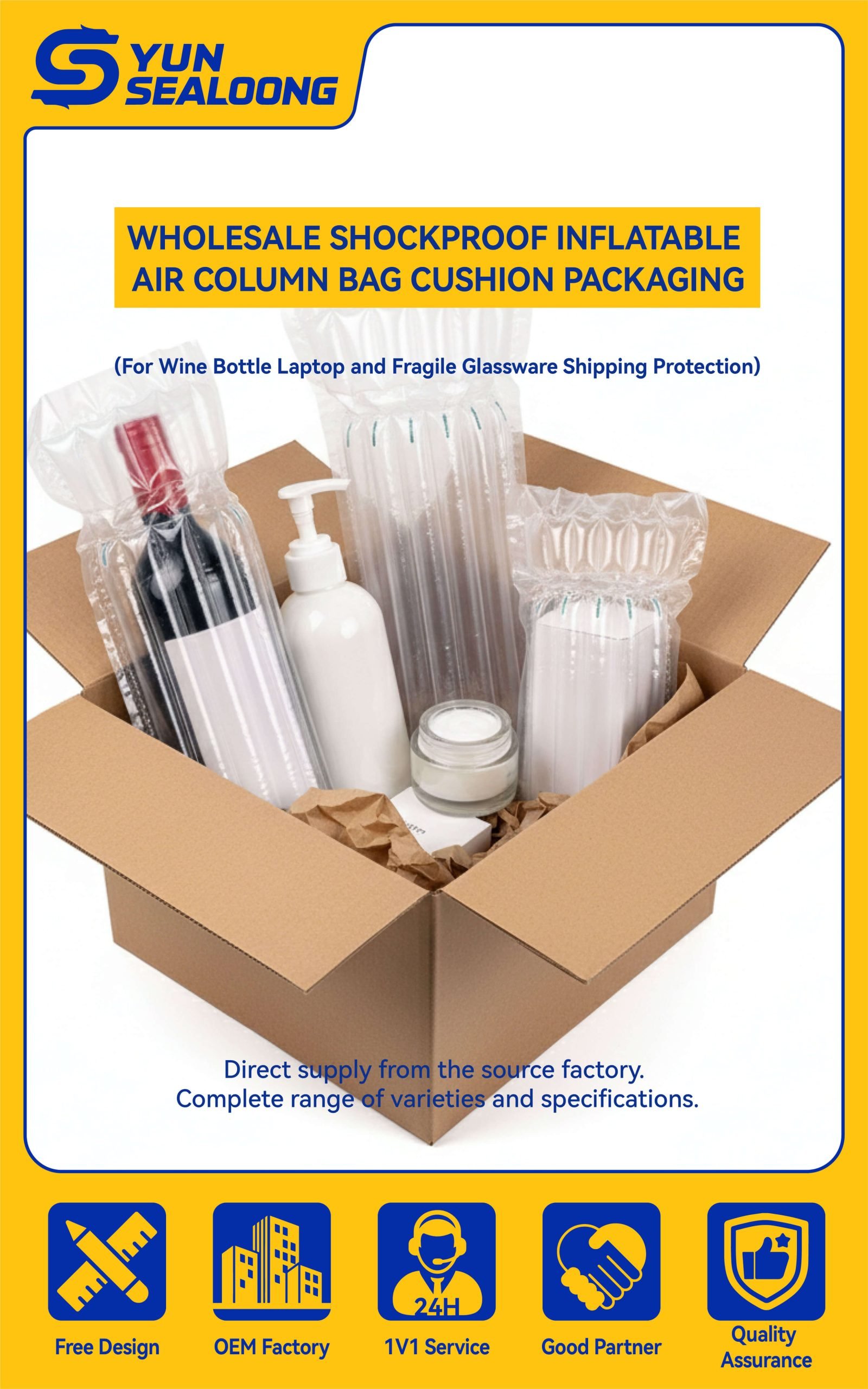 An inflated clear **air column bag** protecting a glass wine bottle for safe shipping.