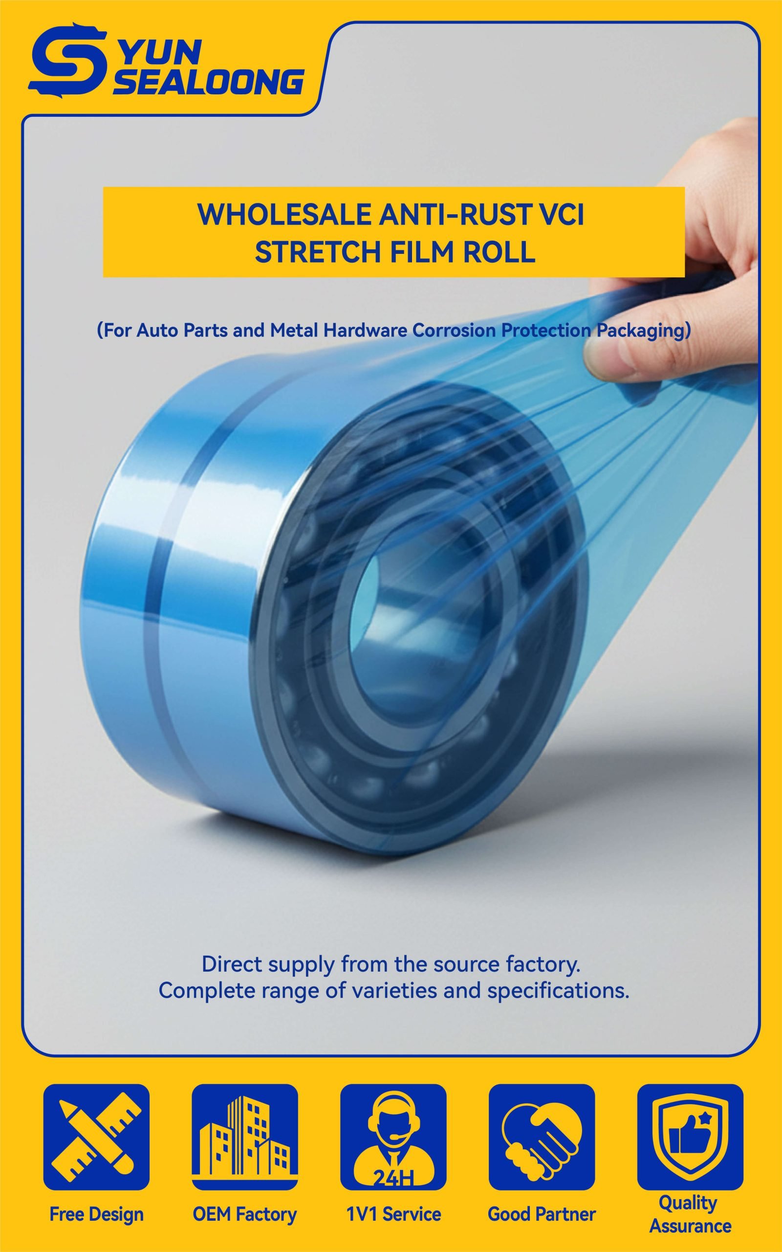 A roll of blue tinted **vci stretch film** wrapping a pallet of metal auto parts to prevent rust during shipping.