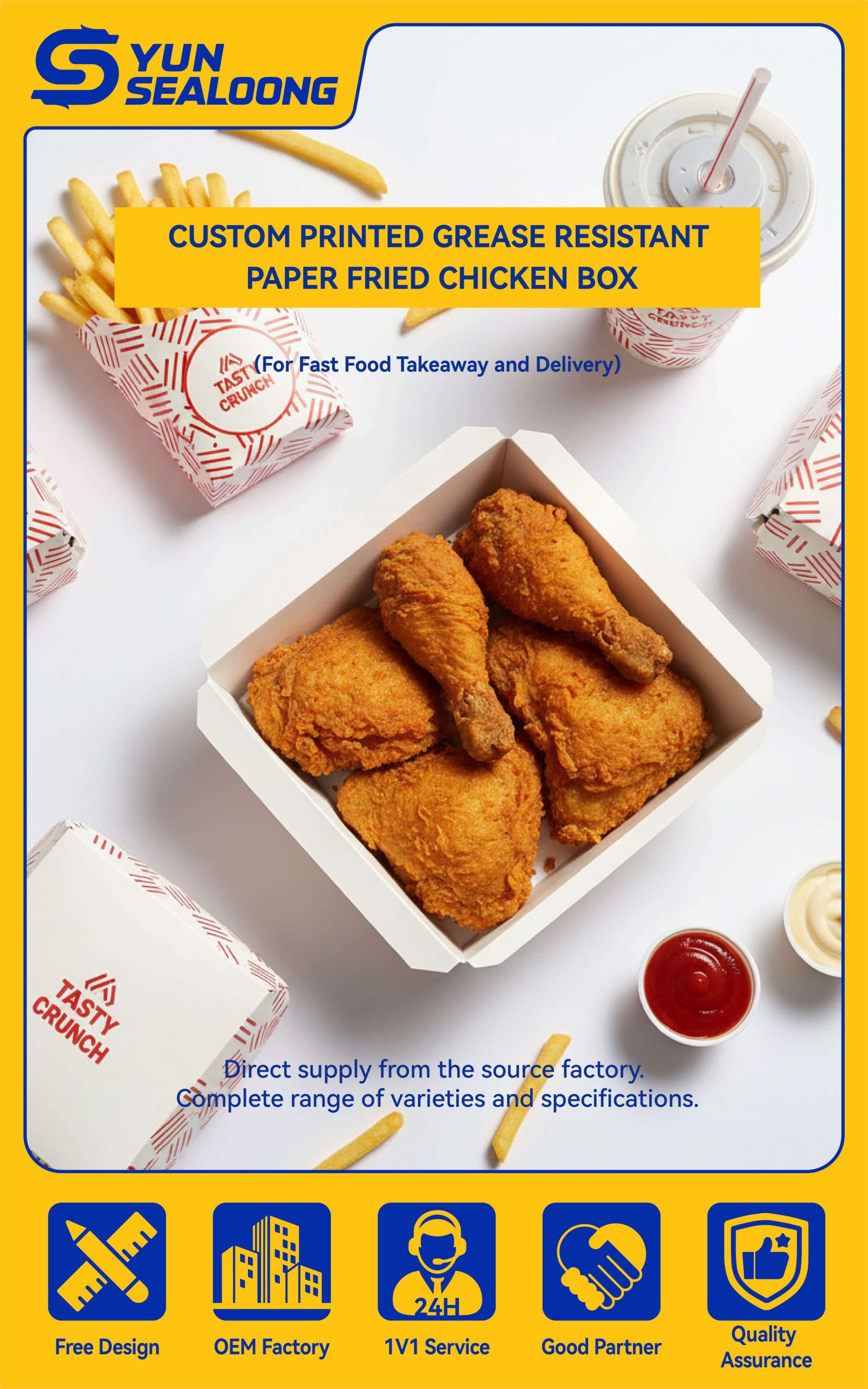 A custom branded red and white **fried chicken box** filled with crispy wings and fries.