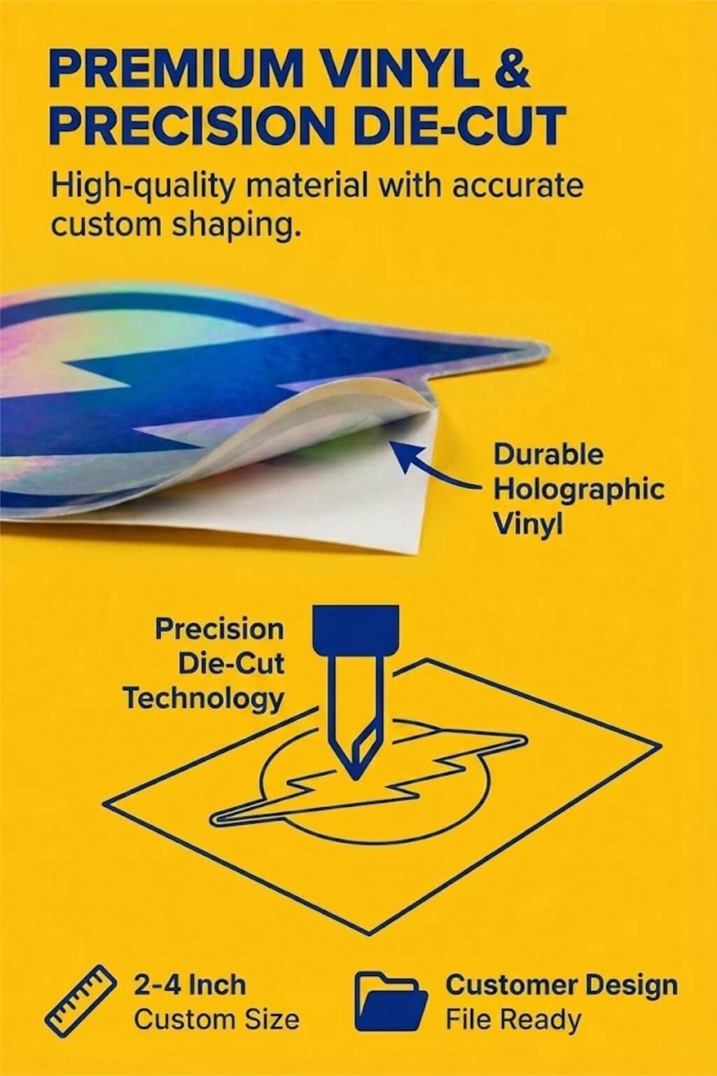 A custom die-cut holographic sticker showing a rainbow iridescent effect on a black package.