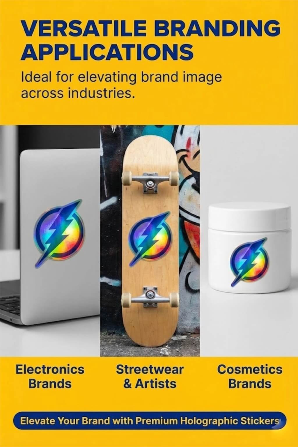 A custom die-cut holographic sticker showing a rainbow iridescent effect on a black package.