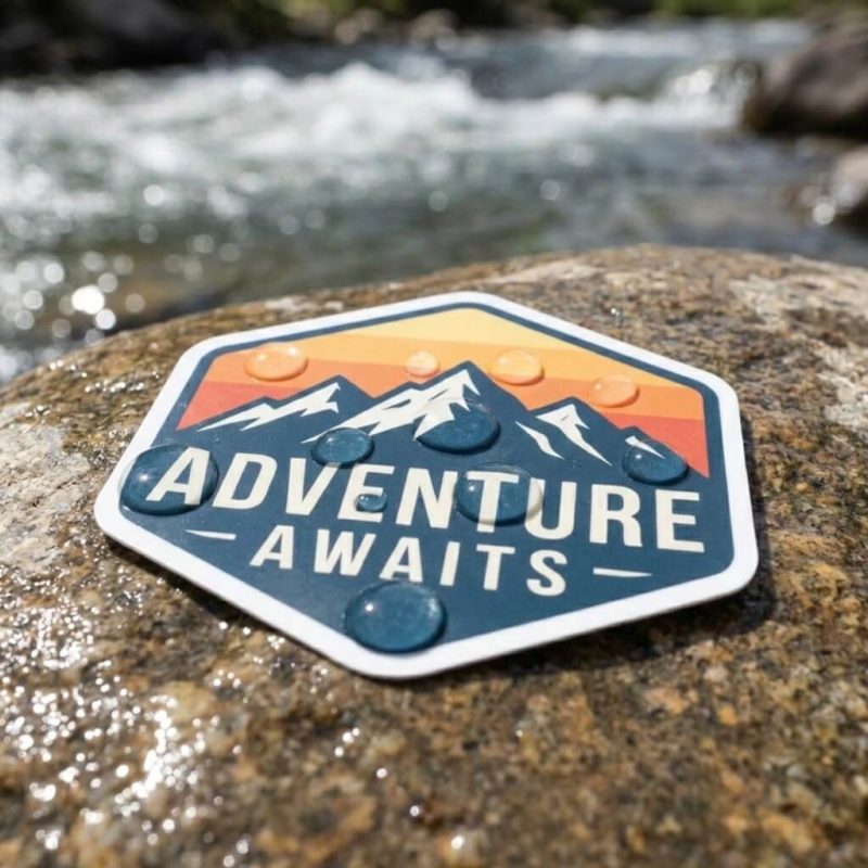A group of custom die cut stickers with vibrant cartoon designs on a waterproof vinyl background.