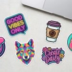 A group of custom die cut stickers with vibrant cartoon designs on a waterproof vinyl background.
